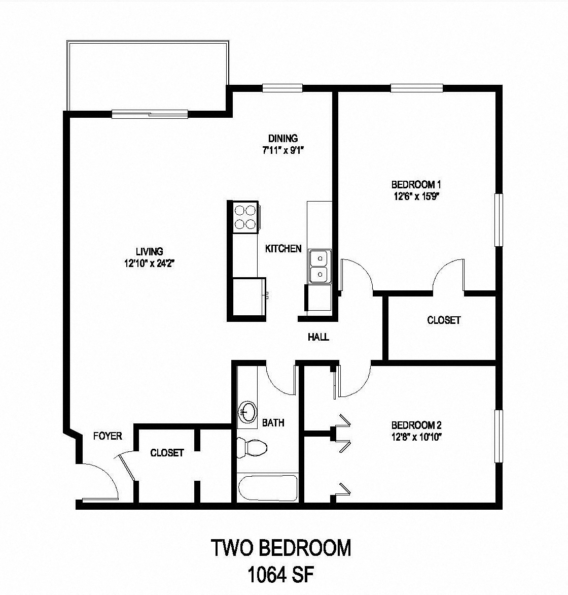 Floor plan for 2 beds, 1 bath, 1064 sqft